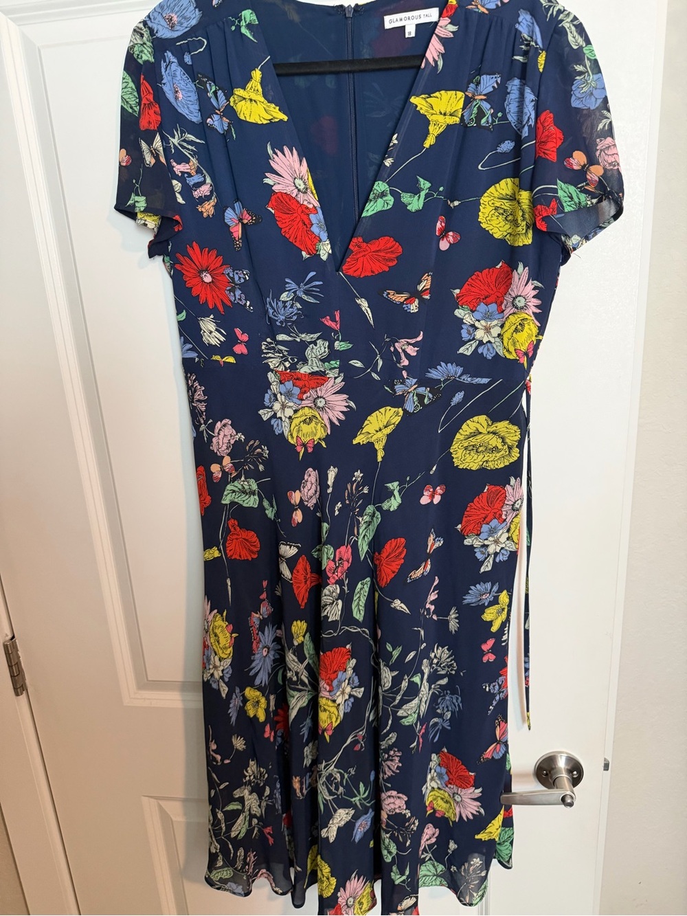 Glamorous Navy Floral Wrap Dress with Red, Yellow & Pink Blooms